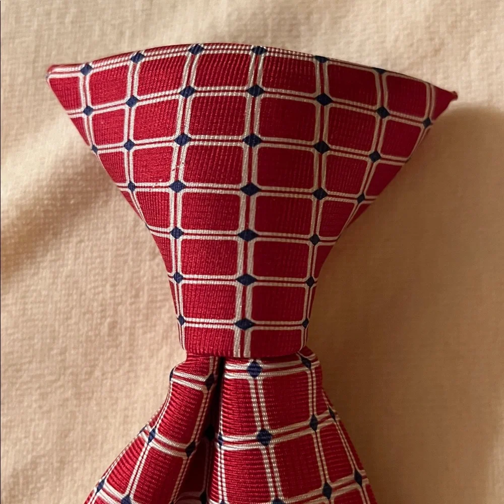 Chaps boy’s CLIP ON silk tie red navy white windowpane handmade worn 1X EUC